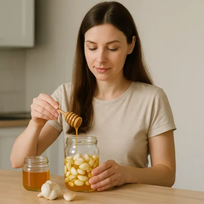 femme qui fait du miel et de l'ail