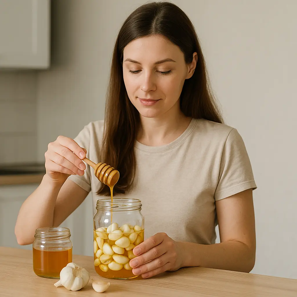 femme qui fait du miel et de l'ail