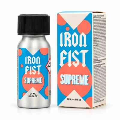 Poppers Iron Fist Supreme 24 ml Pentyle flacon aluminium avec boîte bleu turquoise et orange