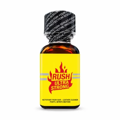 Poppers Rush Ultra Strong 25 ml au nitrite de pentyle, grand flacon carré en verre, étiquette jaune, fabrication française Funline