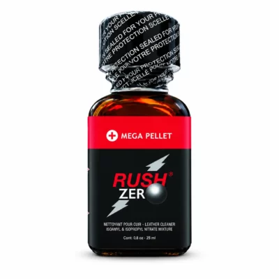 Poppers Rush Zero Mega Pellet Amyl Propyl 24 ml, flacon en verre carré noir et rouge avec bille intérieure
