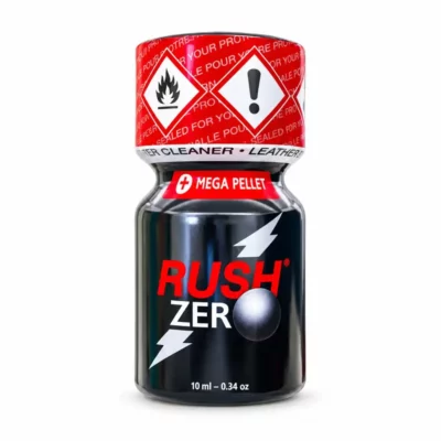 Poppers Rush Zero Mega Pellet Amyl Propyl 10 ml, flacon en verre avec étiquette noire et grosse bille intérieure pour la conservation